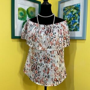 WHBM Metallic Leopard Print Ruffled Off-Shoulder Blouse Size 4